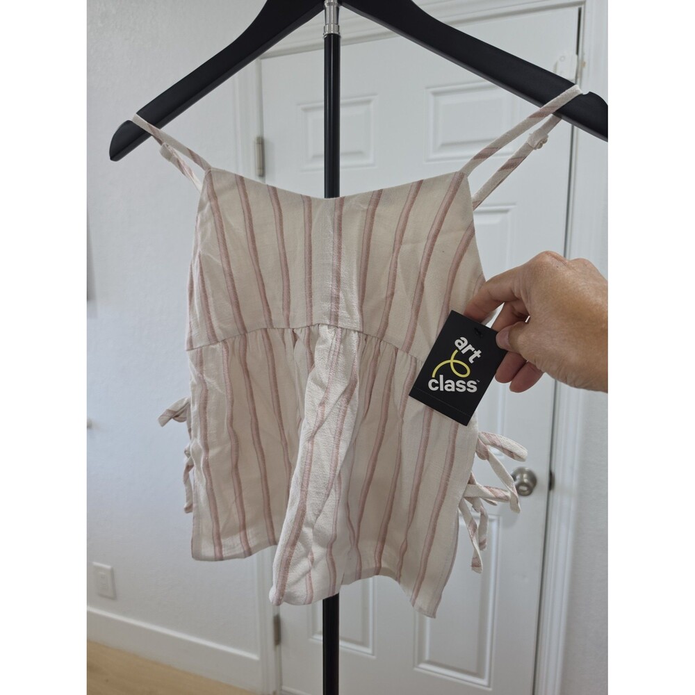 Art Class Beige Rose Striped V-Neck Lined Tie-Side Tank Top Med 8